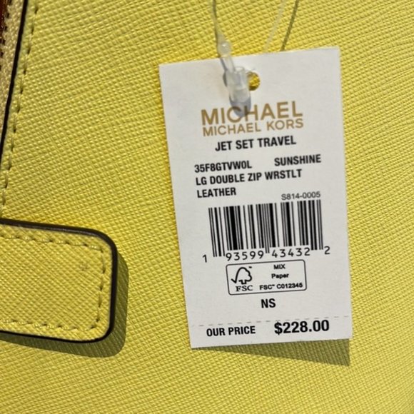 Michael Kors Jet Set Travel Large Double Zip Leather Wristlet Sunshine Yellow - Picture 5 of 16